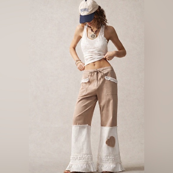 Bohemela Pants - Boho Festival Flare Pants Heart Patch Lace Ruffle Hem Hippie Wide Leg
